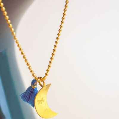 Moon pendant necklace x blue pompom