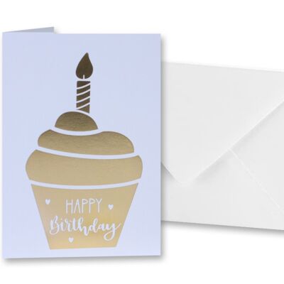 Grußkarte "Happy Birthday" mit goldenem Cupcake inkl. weißem Briefumschlag