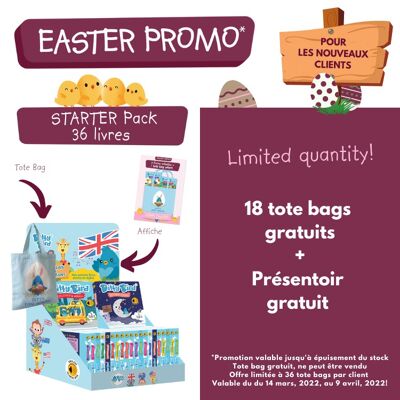 Promo "Pasqua" per nuovi clienti: 36 libri + espositore in cartoncino + 18 tote bag