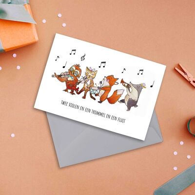 Postkarte mit zwei Violinen und einer Trommel und einer Flöte
