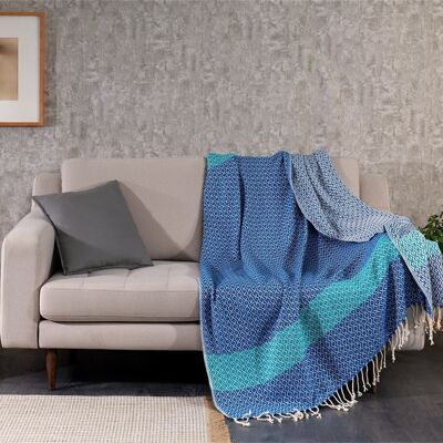 Caria Cotton Throw Blanket, Hand-Loomed | Royal Blue with Turquoise
