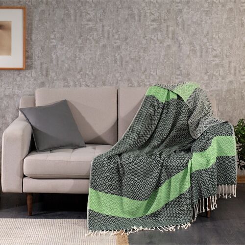 Caria Cotton Throw/Blanket, Hand-Loomed| Forest Green with Lime