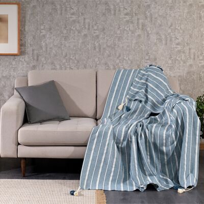 Tessa Cotton Taselled Throw Blanket | Teal with Natural Stripes