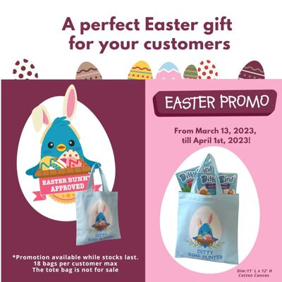 Promo "Easter" for all customers: 36 books + 18 tote bags