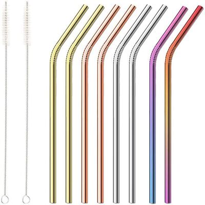 8 Pailles Réutilisables en Acier Inoxydable et 2 Brosses de Nettoyage - Paille Colorée pour Cocktail Lait, Smoothies, Jus