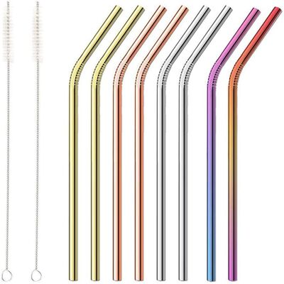8 Reusable Stainless Steel Straws and 2 Cleaning Brushes - Colorful Straw for Cocktail Milk, Smoothies, Juices