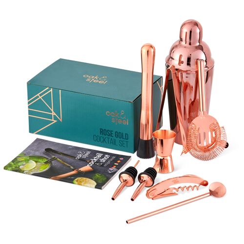 10 Pcs Rose Gold Stainless Steel Cocktail Making Kit Recipe Book - Copper Mixology Gift Set