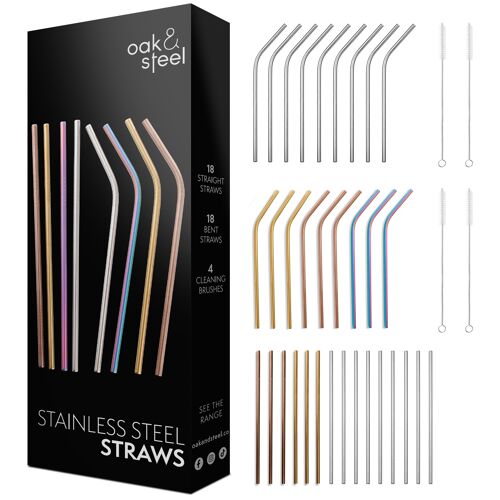36 Reusable Metal Stainless Steel Straw Gift Set with 4 Cleaning Brushes - Multi-colour Straws