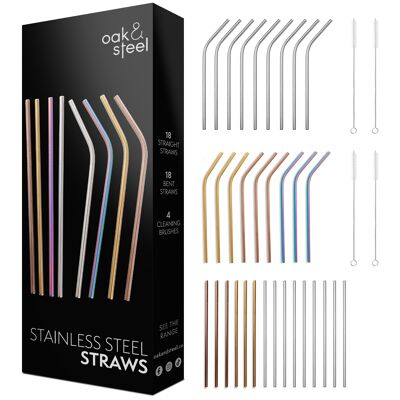 36 Reusable Metal Stainless Steel Straw Gift Set with 4 Cleaning Brushes - Multi-colour Straws