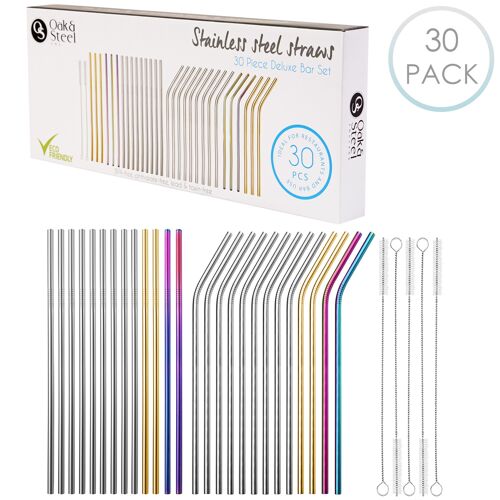 26 Reusable Metal Stainless Steel Straws & 4 Cleaning Brushes