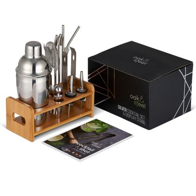 Kit per la preparazione di shaker per cocktail premium con supporto in legno e libro di ricette