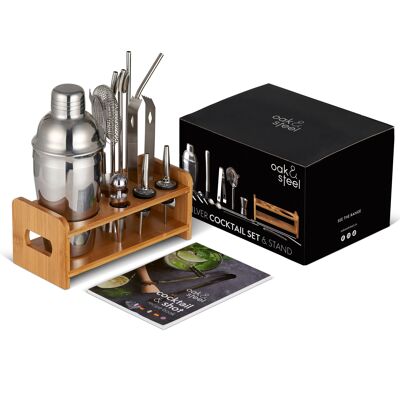 Kit per la preparazione di shaker per cocktail premium con supporto in legno e libro di ricette