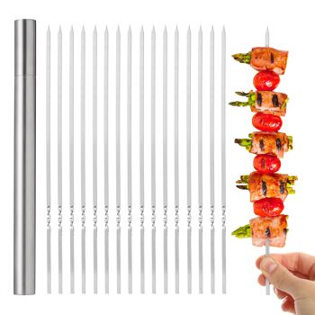 20 brochettes métalliques réutilisables pour barbecue en acier inoxydable, 35 cm - brochettes plates pour barbecue avec rangement 6