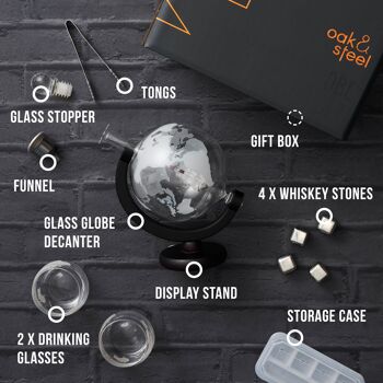 Coffret cadeau Globe Decanter avec verres, pierres à whisky, pinces à glace et bouchon en verre 7