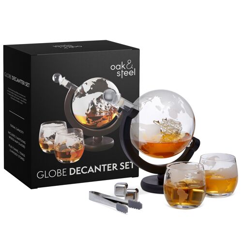 Globe Decanter Gift Set with Glasses, Whiskey Stones, Ice Tongs & Glass Stopper