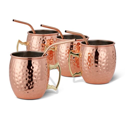 4 Moscow Mule Cooper Cocktail Mugs, Hammered Design Gift Set with Stainless Steel Straws Cleaning Brush