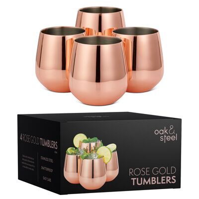 Geschenkset mit 4 stiellosen Trinkgläsern in Roségold, Edelstahlglas mit 4 Strohhalmen und Pinsel – 350 ml