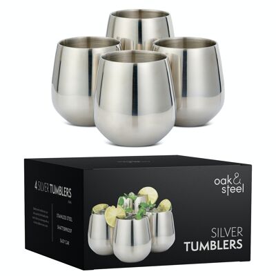 Juego de 4 copas de vino plateadas de acero inoxidable, vasos irrompibles con pajitas de metal y cepillo de limpieza