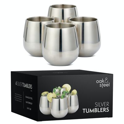 4 Silver Stainless Steel Wine Glasses, Unbreakable Tumblers Gift Set with Metal Straws & Cleaning Brush