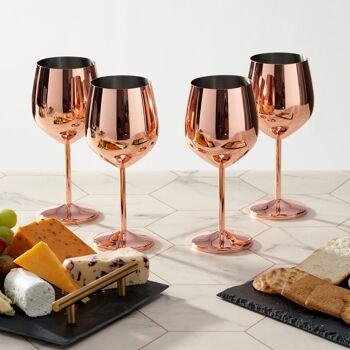 4 verres à vin en cuivre et or rose en acier inoxydable, 500 ml - Ensemble de verres de fête incassables avec boîte-cadeau 4