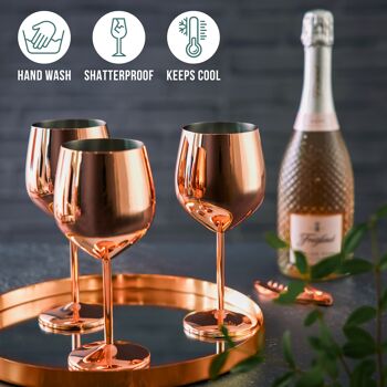 4 verres à vin en cuivre et or rose en acier inoxydable, 500 ml - Ensemble de verres de fête incassables avec boîte-cadeau 6
