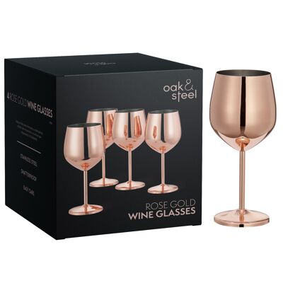 4 verres à vin en cuivre et or rose en acier inoxydable, 500 ml - Ensemble de verres de fête incassables avec boîte-cadeau