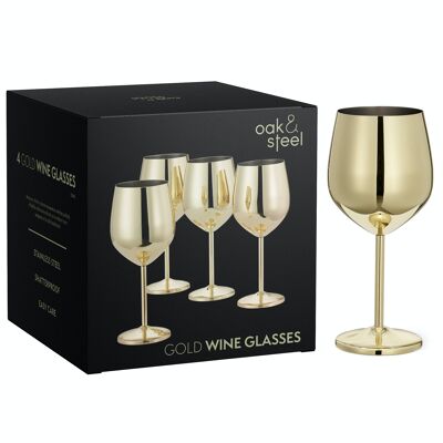 Set de regalo de 4 copas de vino doradas de acero inoxidable, 500 ml