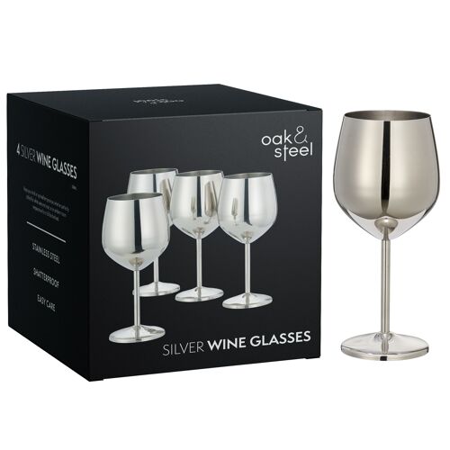 4 Silver Stainless Steel Wine Glass Shatterproof Party Glasses Gift Set - 500ml