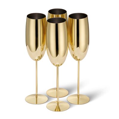 4 Gold Champagne Flutes, Stainless Steel Shatterproof Party Glasses Gift Set - 285ml
