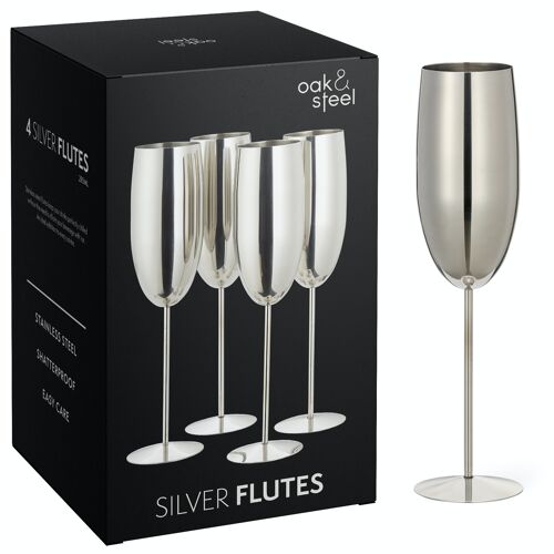 4 Silver Champagne Flutes Gift Set, Shatterproof Party Glasses, 285ml