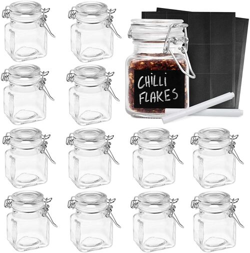 12 Mini Clip Top Spice Jars Glass Canister Containers, 100 ml with Labels and Chalk Pen