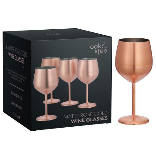 4 Copper Rose Gold Wine Glass Gift Set - Stainless Steel Shatterproof Party Glasses, 540ml