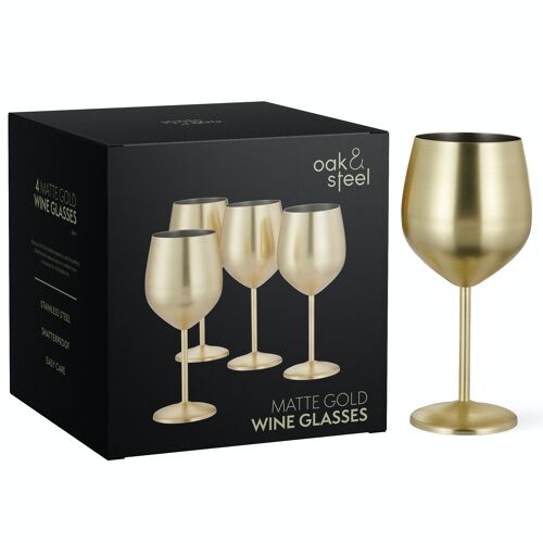 4 Gold Wine Glasses, 540 ml - Matte Stainless Steel Shatterproof Glass Set with Gift Box