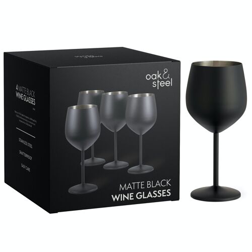 4 Black Wine Glass Gift Set - Stainless Steel Shatterproof Party Glasses, 540ml
