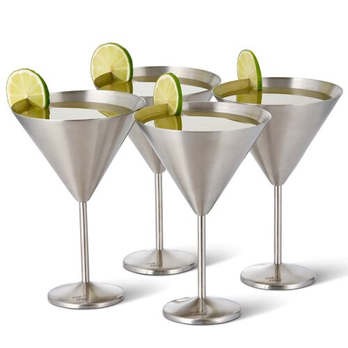 4 Stainless Steel Silver Martini Cocktail Glasses, 460ml - Gift Boxed