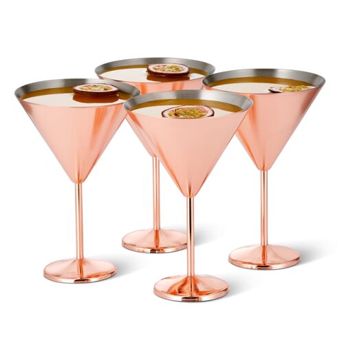 4 Stainless Steel Martini Cocktail Glasses, Copper Rose Gold, 460ml - Gift Boxed