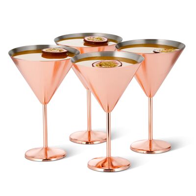4 Stainless Steel Martini Cocktail Glasses, Copper Rose Gold, 460ml - Gift Boxed