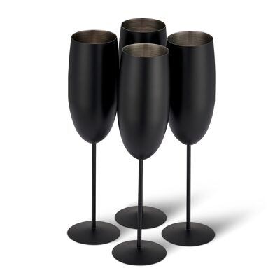 4 flûtes à champagne, coffret cadeau en verre incassable en acier inoxydable noir mat - 285 ml