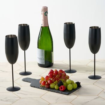 4 flûtes à champagne, coffret cadeau en verre incassable en acier inoxydable noir mat - 285 ml 4