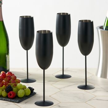 4 flûtes à champagne, coffret cadeau en verre incassable en acier inoxydable noir mat - 285 ml 5