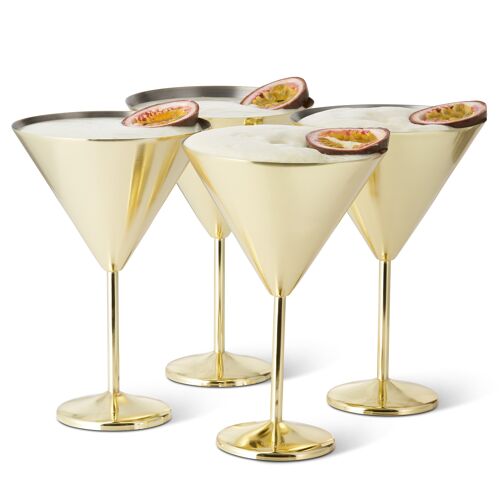 4 Stainless Steel Gold Martini Cocktail Glasses, 460 ml - Gift Boxed