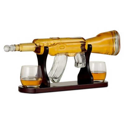 Juego de decantador de vidrio para pistola de whisky con soporte de madera tallada, dispensador de diseño único de rifle escocés Bourbon con caja de regalo