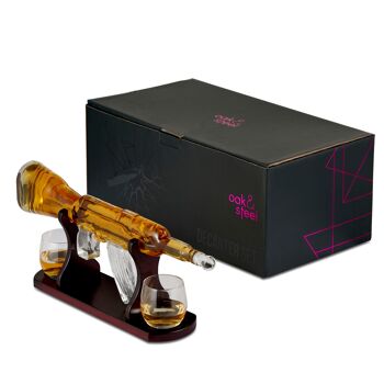 Ensemble de carafe en verre pour pistolet à whisky avec support en bois sculpté, distributeur de conception unique de fusil à scotch Bourbon avec boîte-cadeau 3
