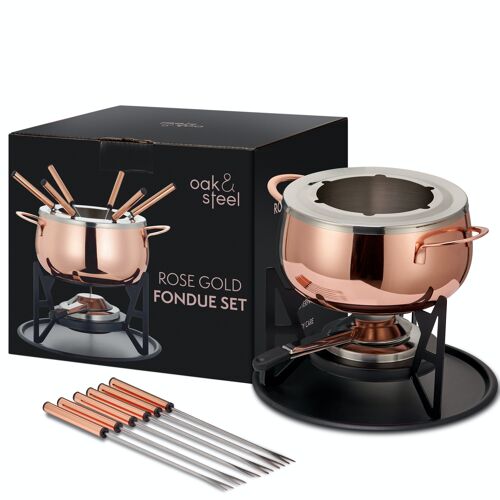 Stainless Steel Rose Gold Fondue Gift Set for Cheese, Chocolate, Meat Broth with Forks - 6 Person