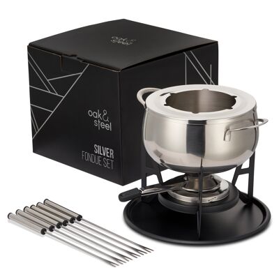 Juego de regalo de fondue plateada de acero inoxidable para queso, chocolate, caldo de carne con tenedores - 6 personas