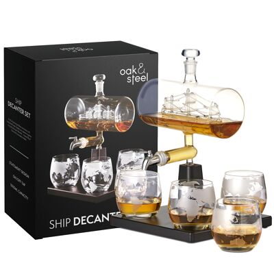 Whiskey Decanter Glass Spirit Dispenser, Wine Rum Carafe Ship Design Glasses Gift Set - 1000ml