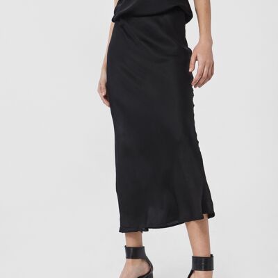 CATHY Long Midi Satin Skirt With Elastic Waistband in Black