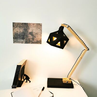 Schreibtischlampe aus Holz und schwarzem Origami