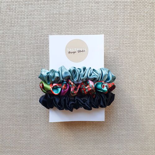 Set Of 3 Satin Skinny Hair Scrunchies -Mint /Serena / Shungite