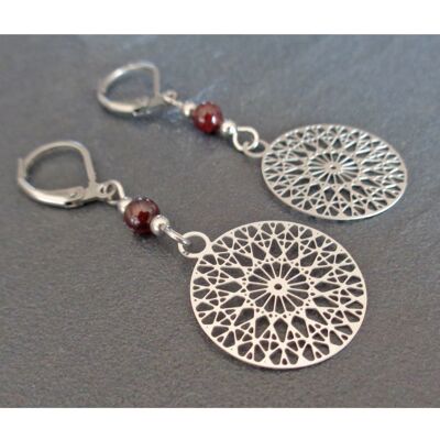 Minimalist stainless steel earrings, genuine garnet